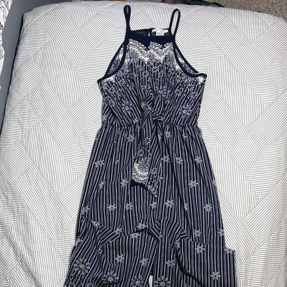 Miley and Molly Sleeveless Floral Stripe Wide leg Romper with Tie Waist Accent